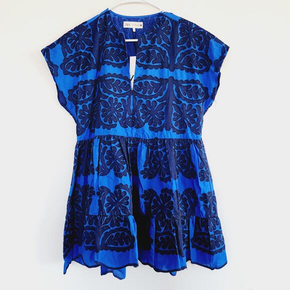 Zara Cobalt Blue Floral Embroidered Boho Mini Dress Baby Doll Tent Dress Medium - Picture 5 of 11